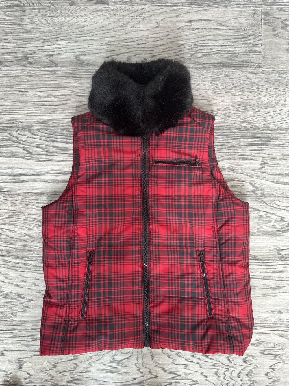 Lauren Ralph Lauren Red and Black Plaid Quilted Vest with Black Faux Fur Collar